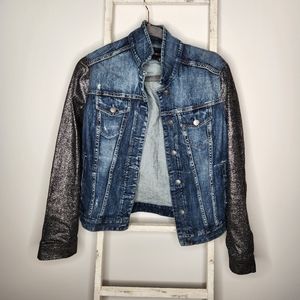 Express Medium metallic sleeve distressed button down denim jacket